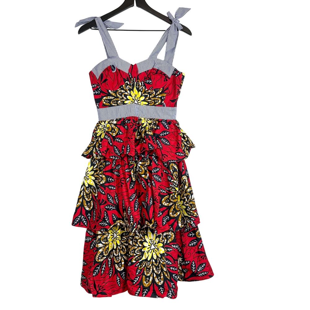 NWT Chen Burkett New York Tiered Midi Tie Straps Red Dress Floral - XS